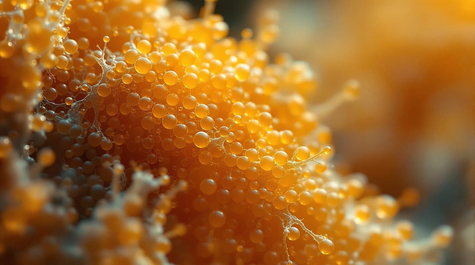 Dense cluster of amber organic spheres evoking gut microbiome diversity