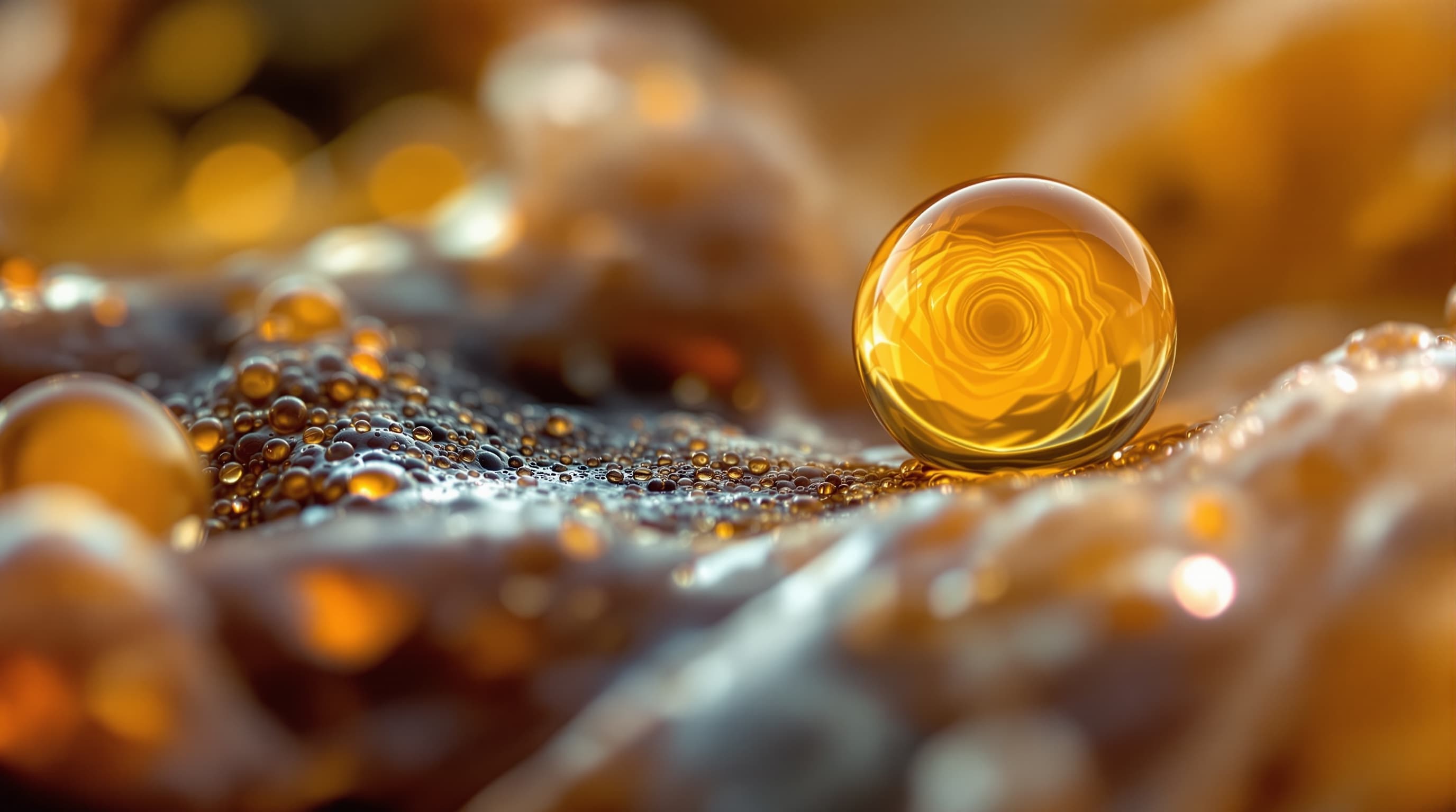 Warm amber droplets merging under backlight evoking cellular fuel transformation